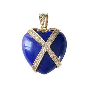 14K Yellow Gold Lapis Lazuli Heart Pendant Charm Criss Cross X Design